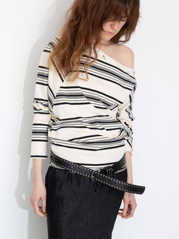 Cubic Off-Shoulder Striped Long-Sleeve Tee White