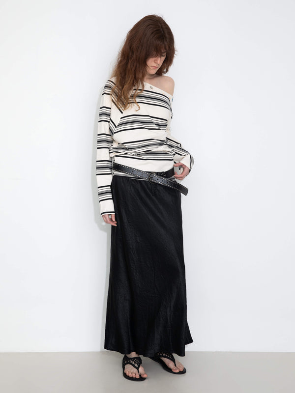 Cubic Off-Shoulder Striped Long-Sleeve Tee White