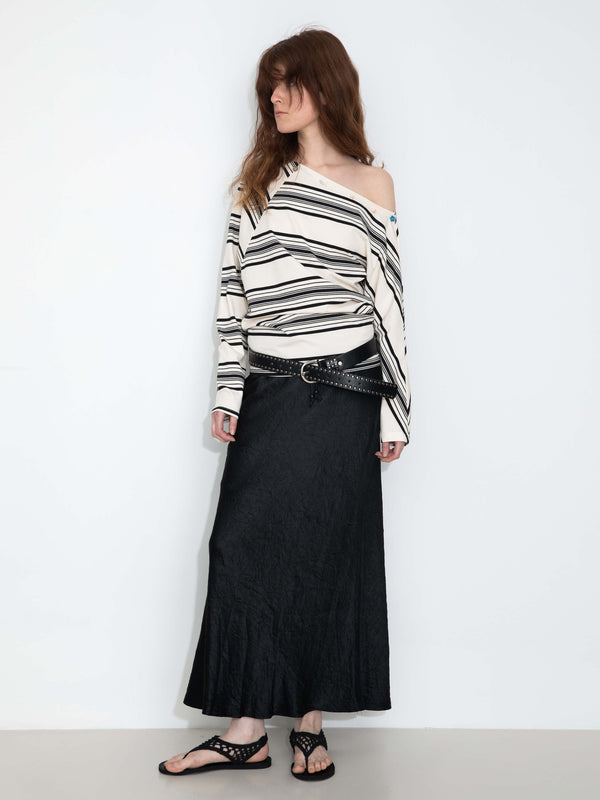 Cubic Off-Shoulder Striped Long-Sleeve Tee White