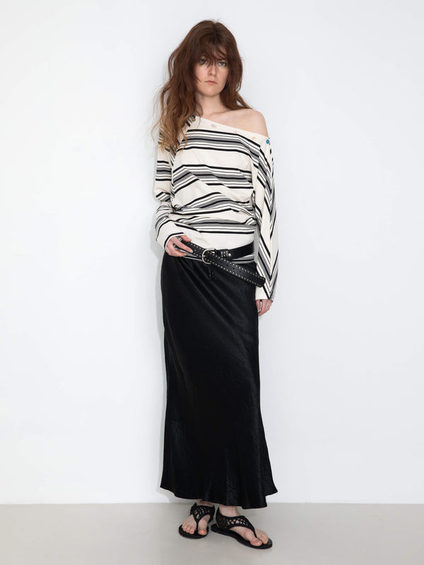 cubic Off-Shoulder Striped Long-Sleeve Tee White