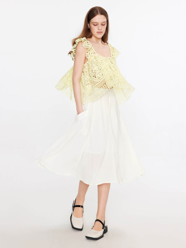 Cubic Open Lace Square Neck Flowy Top Light Yellow