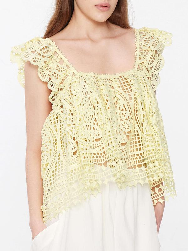Cubic Open Lace Square Neck Flowy Top Light Yellow