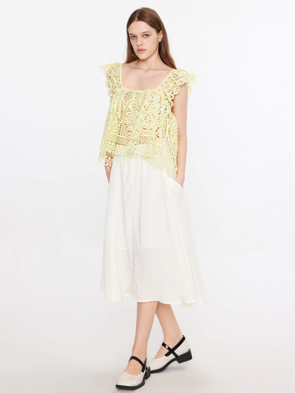 Cubic Open Lace Square Neck Flowy Top Light Yellow