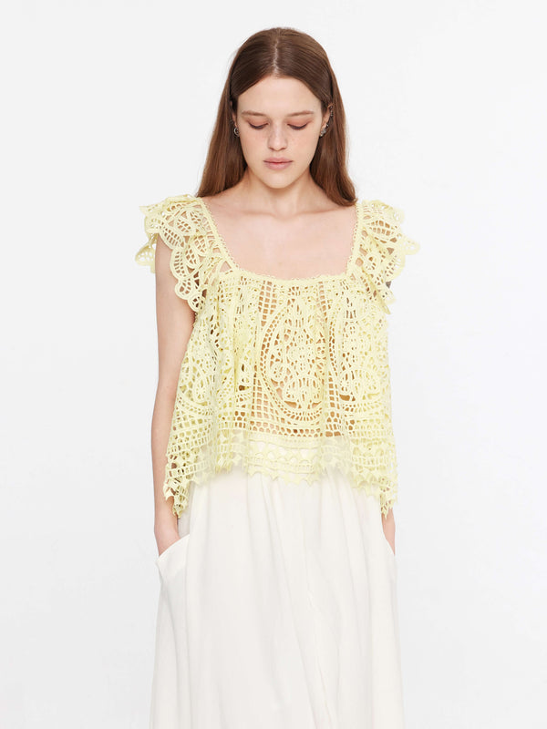 cubic Open Lace Square Neck Flowy Top Light Yellow