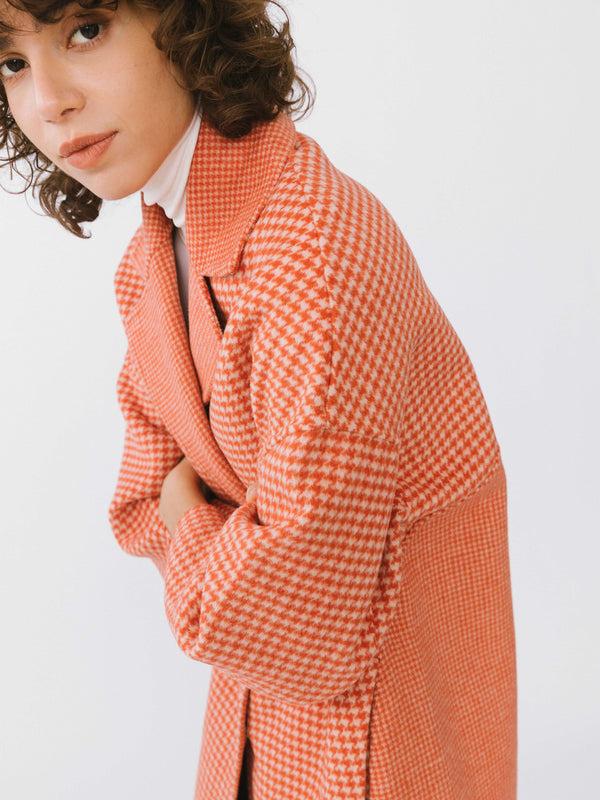 Cubic Orange Houndstooth Wool Coat Orange