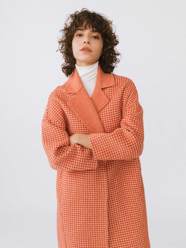 Cubic Orange Houndstooth Wool Coat Orange