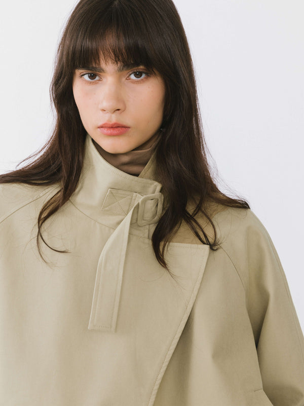 Cubic Overlay Cropped Trench Coat Khaki