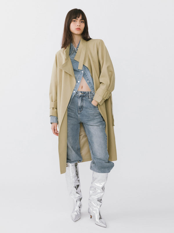 cubic Overlay Mid-Length Trench Coat Khaki