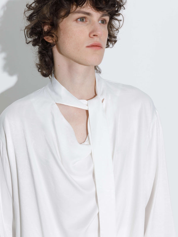 Cubic Oversize Satin Blouse With Tie White