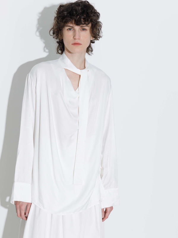 Cubic Oversize Satin Blouse With Tie White
