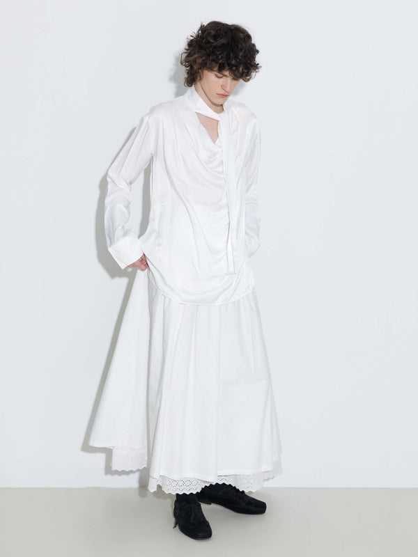 cubic Oversize Satin Blouse with Tie White