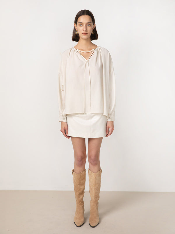 Cubic Oversized A-line Pleated Blouse Beige