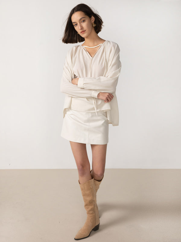 Cubic Oversized A-line Pleated Blouse Beige