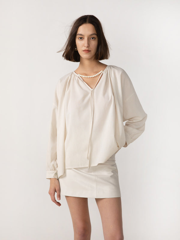 cubic Oversized A-line Pleated Blouse Beige