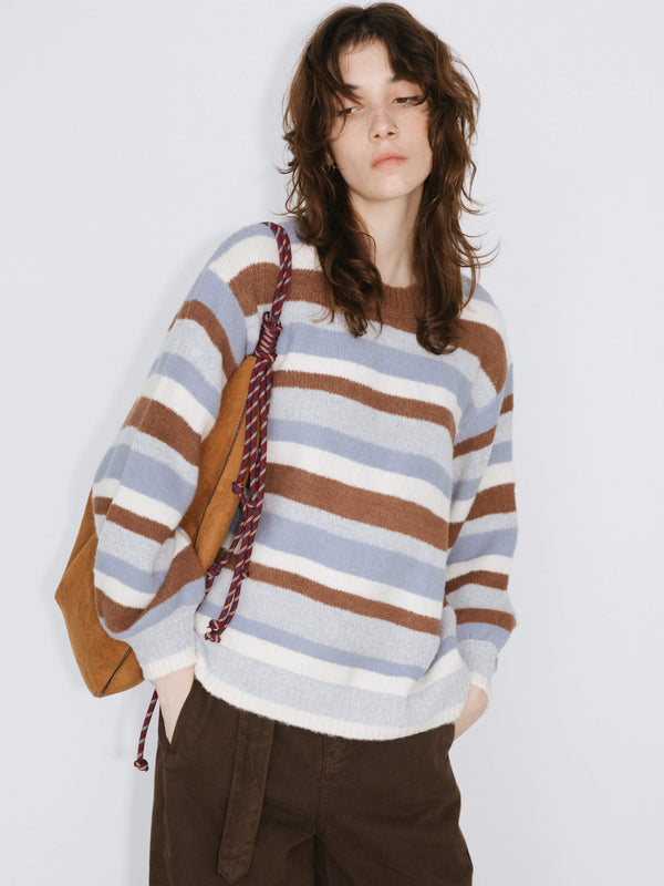 Cubic Oversized Striped Crew Knit Sweater Gray