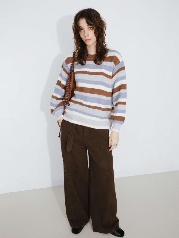 Cubic Oversized Striped Crew Knit Sweater Gray