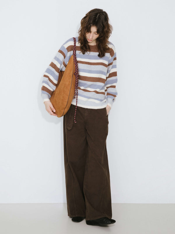 Cubic Oversized Striped Crew Knit Sweater Gray