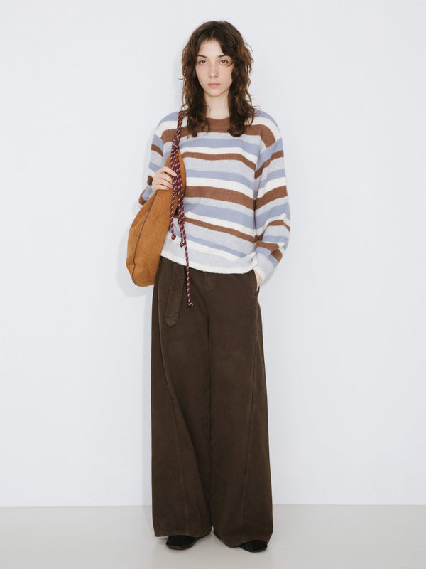 cubic Oversized Striped Crew Knit Sweater Gray