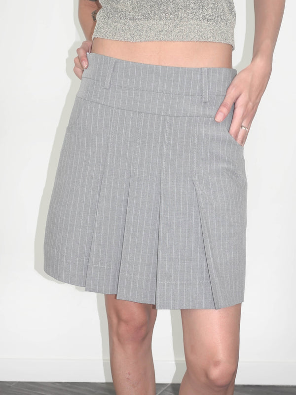 Cubic Pinstripe Pleated Mini Skirt Gray