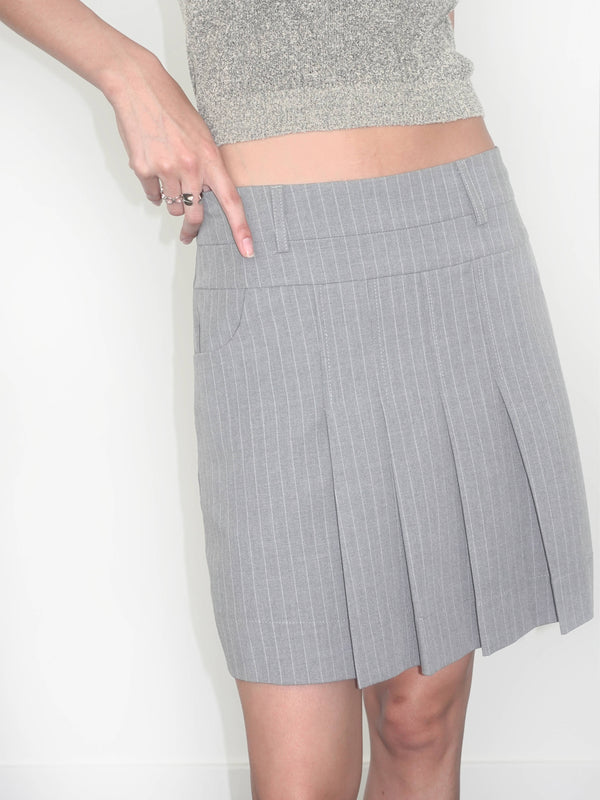 Cubic Pinstripe Pleated Mini Skirt Gray