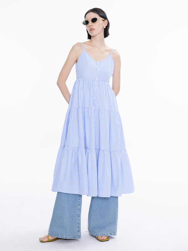 Cubic Pinstripe Spaghetti Strap Tiered Dress White