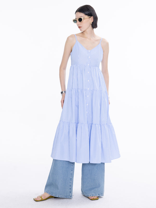 Cubic Pinstripe Spaghetti Strap Tiered Dress White