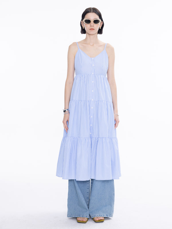 Cubic Pinstripe Spaghetti Strap Tiered Dress White