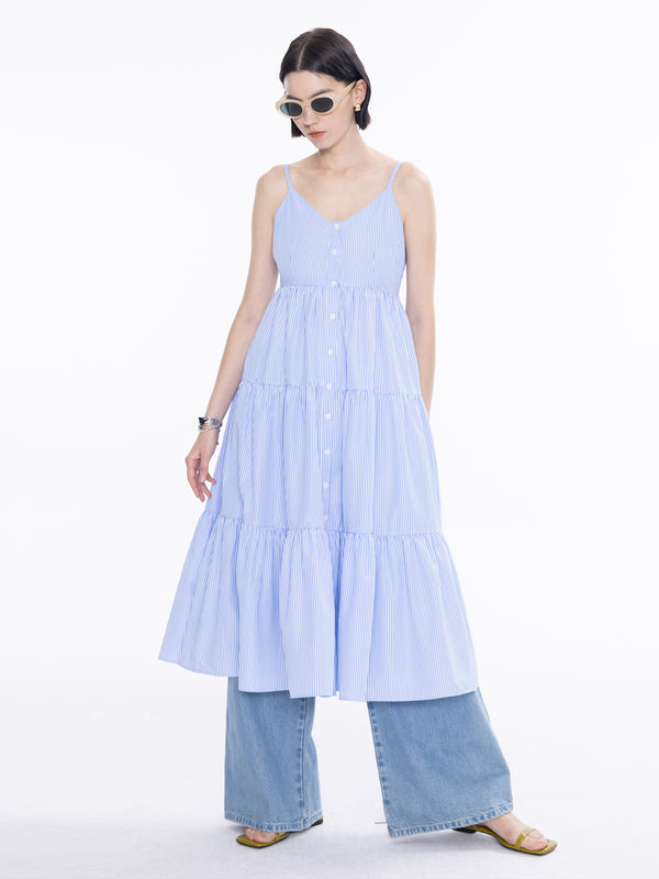 cubic Pinstripe Spaghetti Strap Tiered Dress White