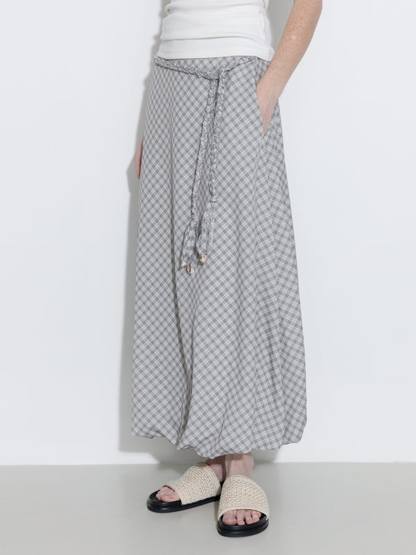 Cubic Plaid A-line Maxi Skirt With Belt Gray