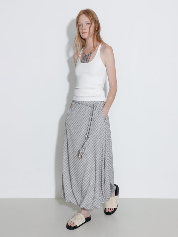 Cubic Plaid A-line Maxi Skirt With Belt Gray