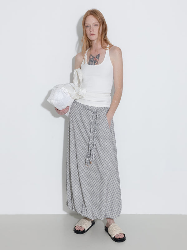 cubic Plaid A-line Maxi Skirt with Belt Gray