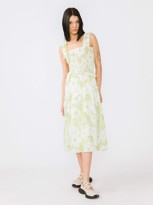 Cubic Plaid And Floral A-line Midi Dress Green