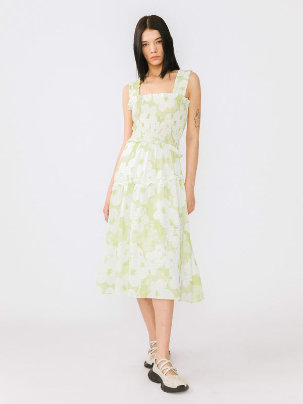 Cubic Plaid And Floral A-line Midi Dress Green