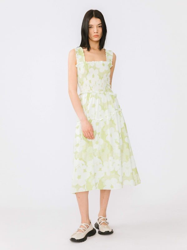 Cubic Plaid And Floral A-line Midi Dress Green