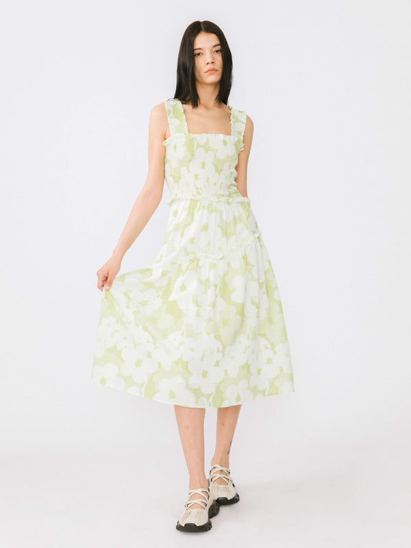 cubic Plaid and Floral A-line Midi Dress Green