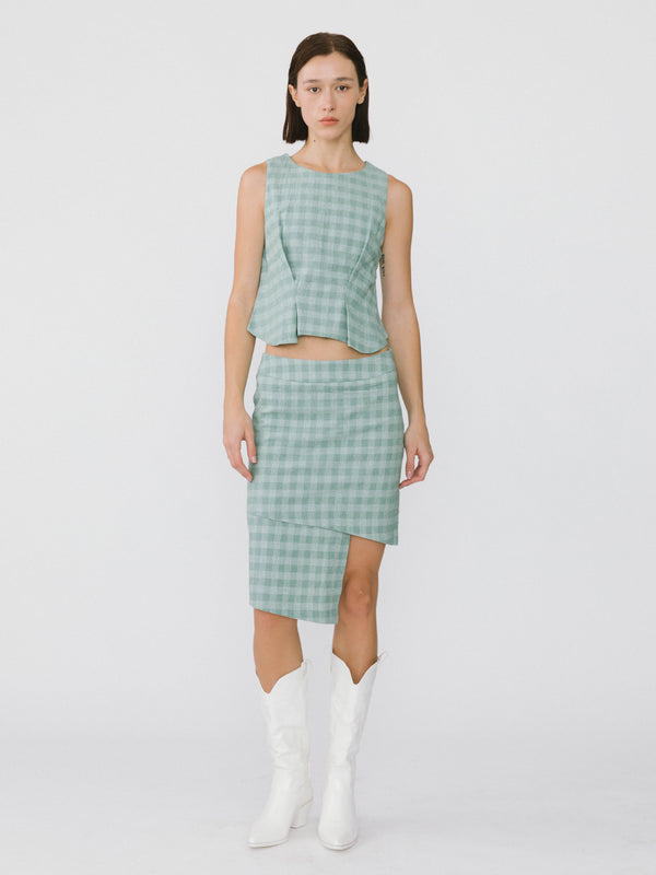 Cubic Plaid Asymmetric Vest And Skirt Suit Green