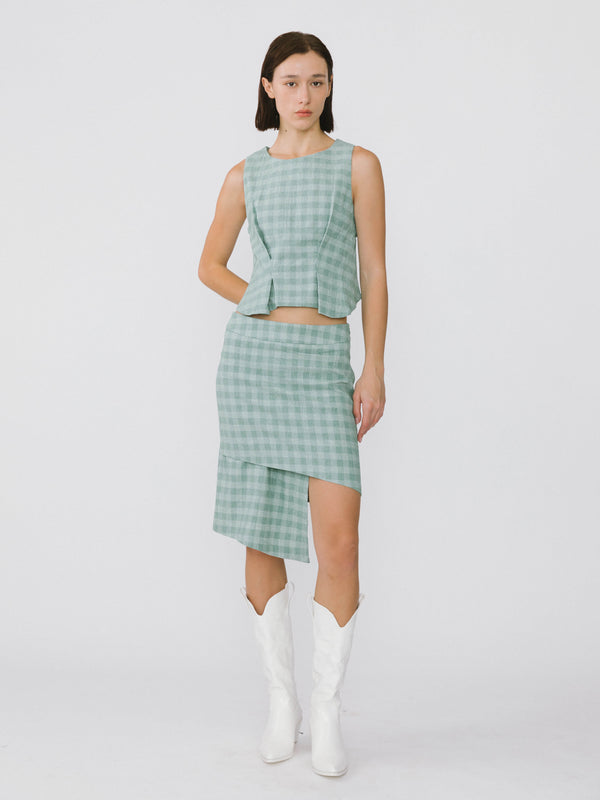 Cubic Plaid Asymmetric Vest And Skirt Suit Green