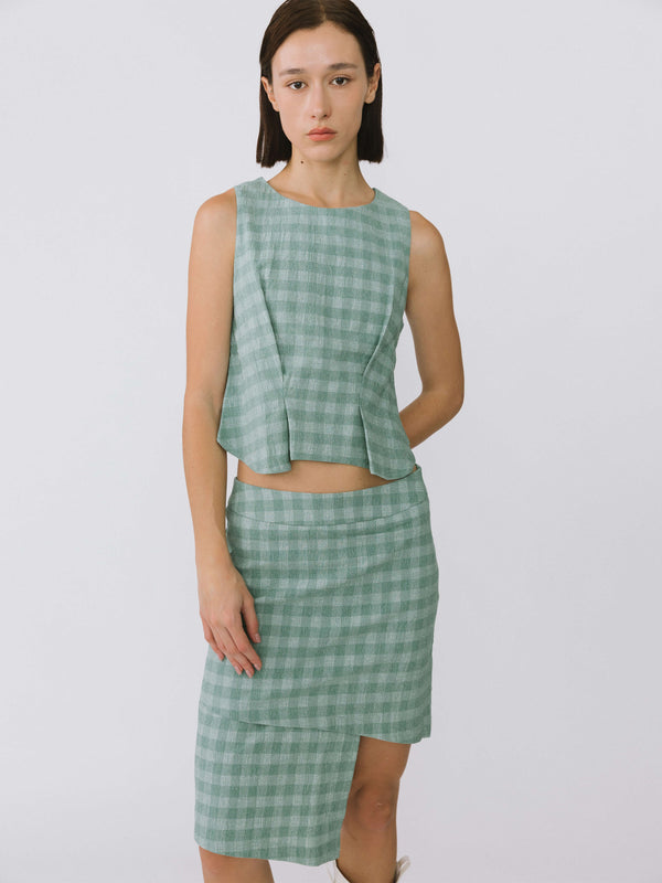 Cubic Plaid Asymmetric Vest And Skirt Suit Green
