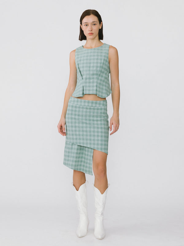 cubic Plaid Asymmetric Vest and Skirt Suit Green