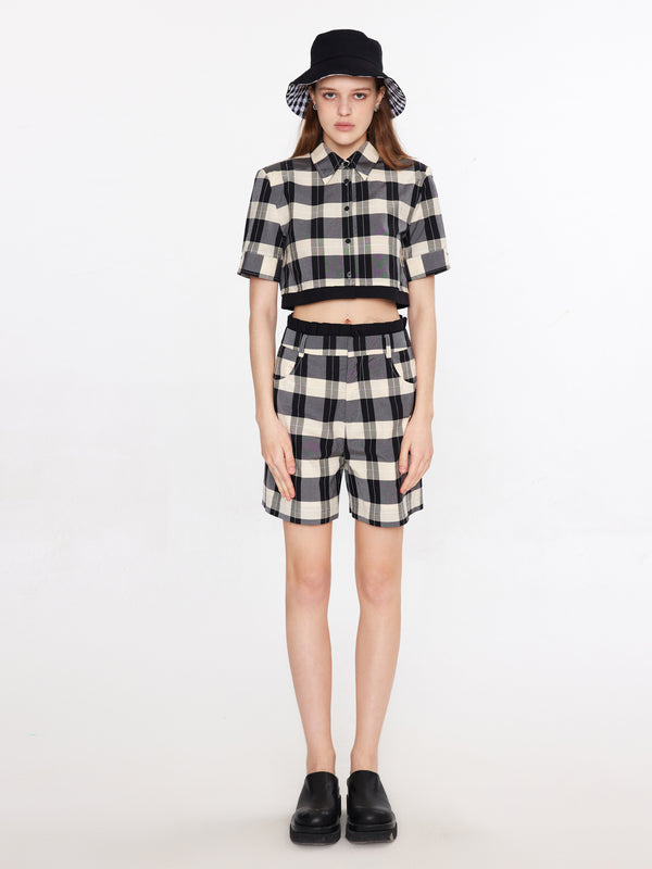 Cubic Plaid Cropped Shirt And Shorts Black