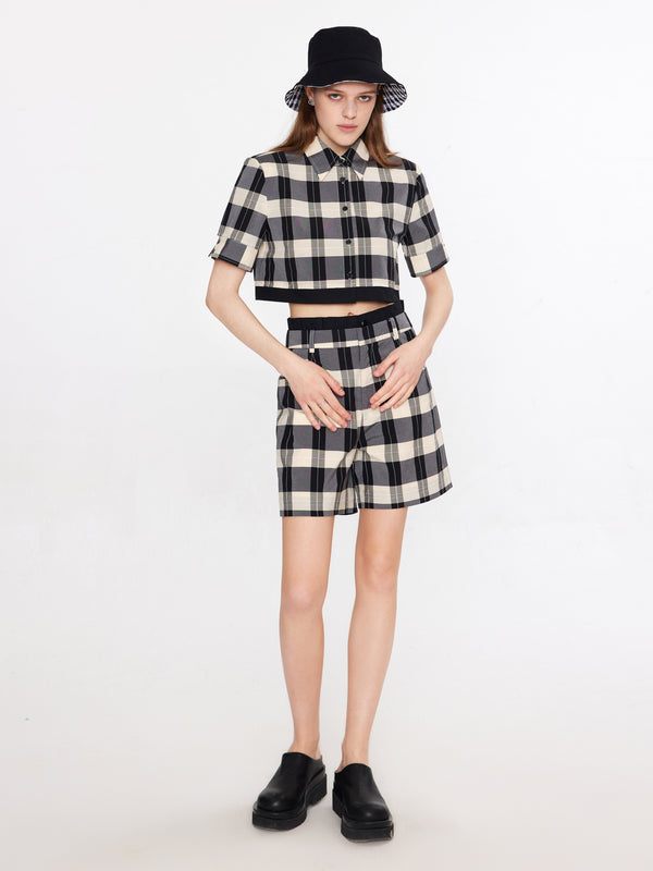 Cubic Plaid Cropped Shirt And Shorts Black