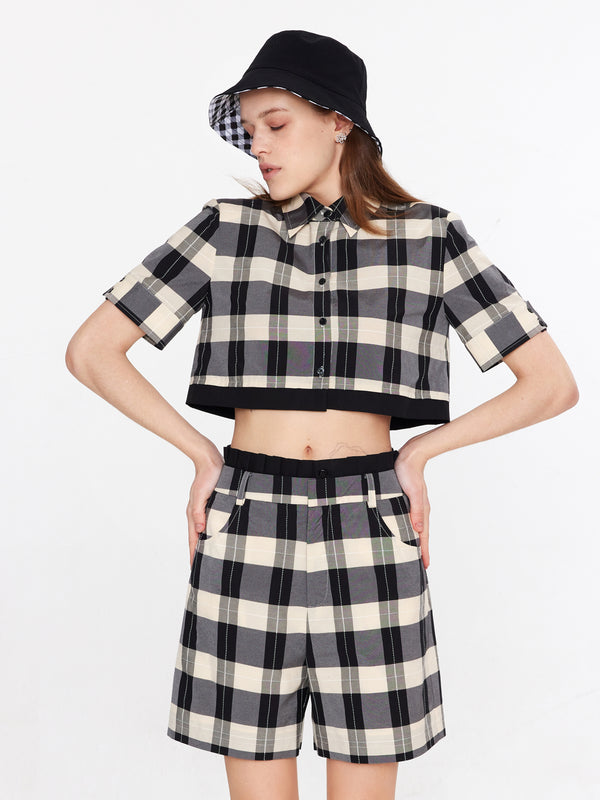 cubic Plaid Cropped Shirt and Shorts Black