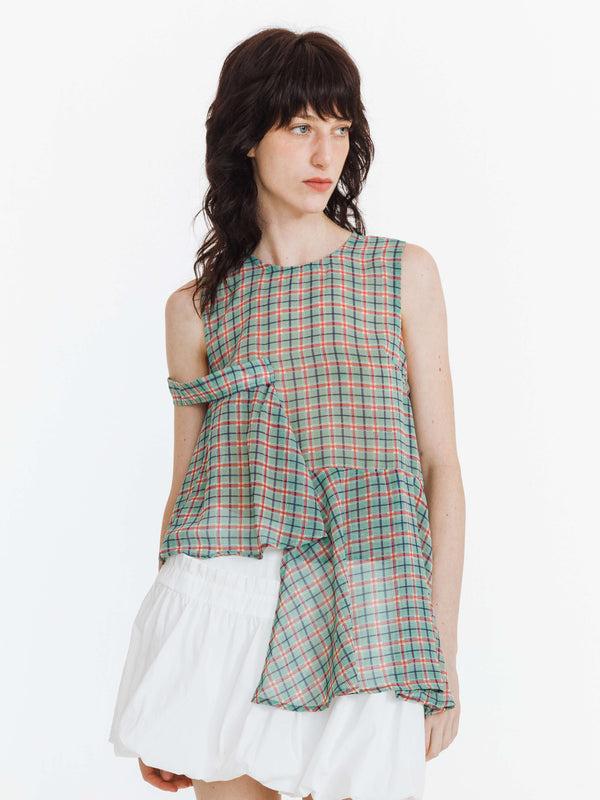 cubic Plaid Irregular Tank Top-Green Green