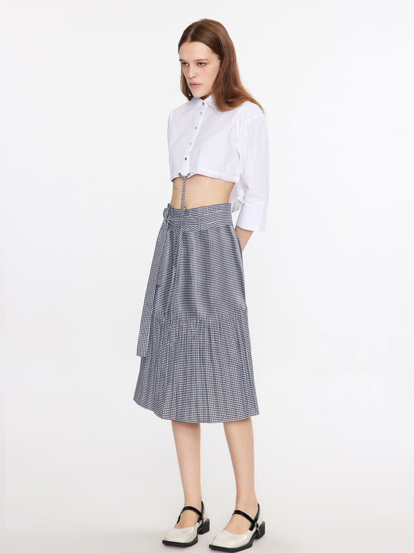 Cubic Plaid Pleated Midi Skirt Gray