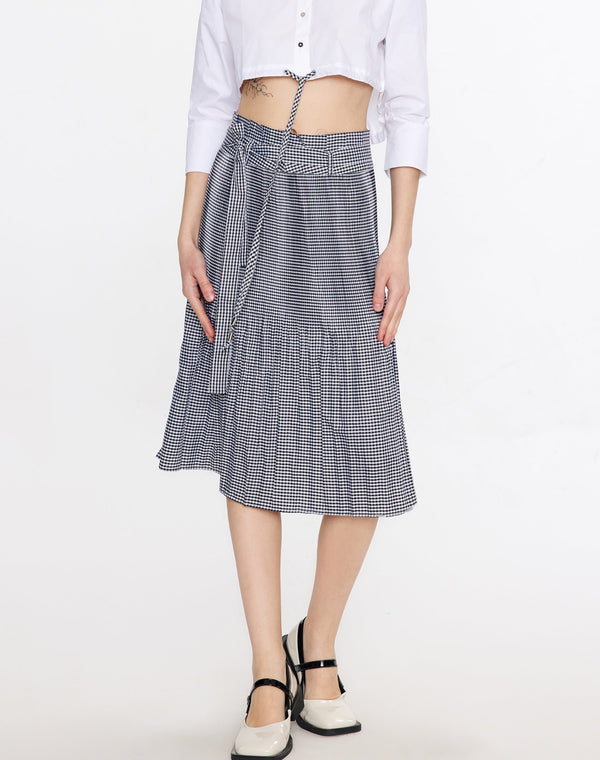 cubic Plaid Pleated Midi Skirt Gray