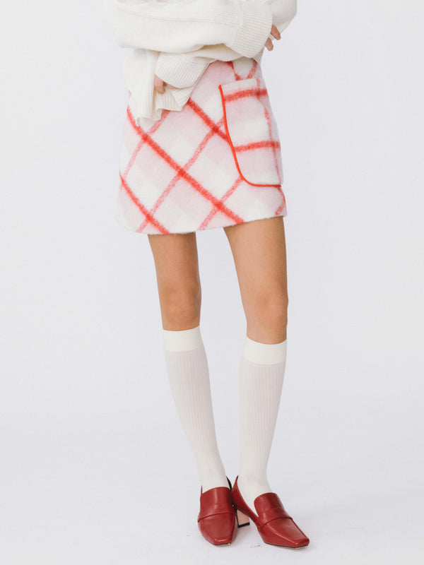 cubic Plaid Woolen Skirt Pink
