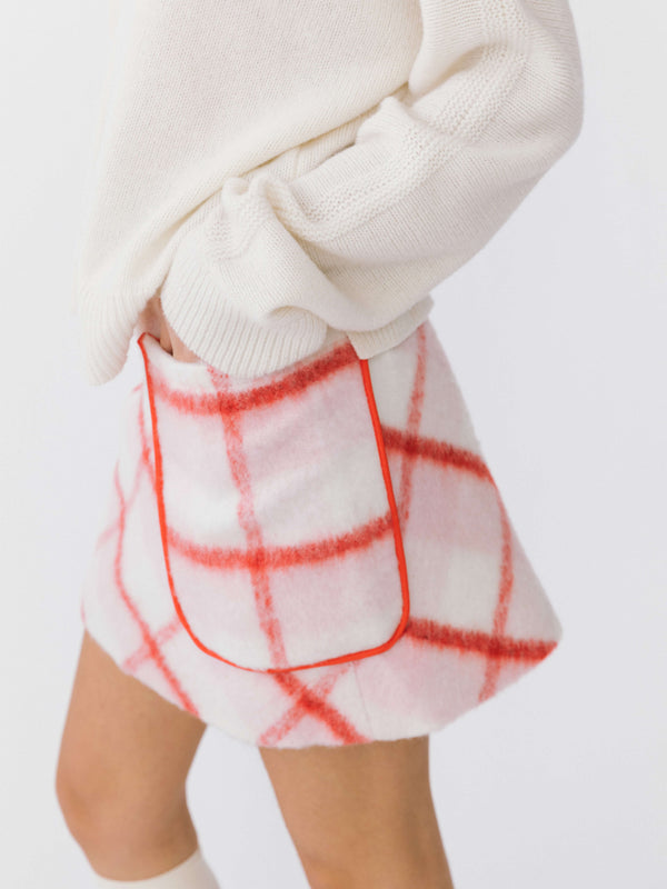 Cubic Plaid Woolen Skirt Pink