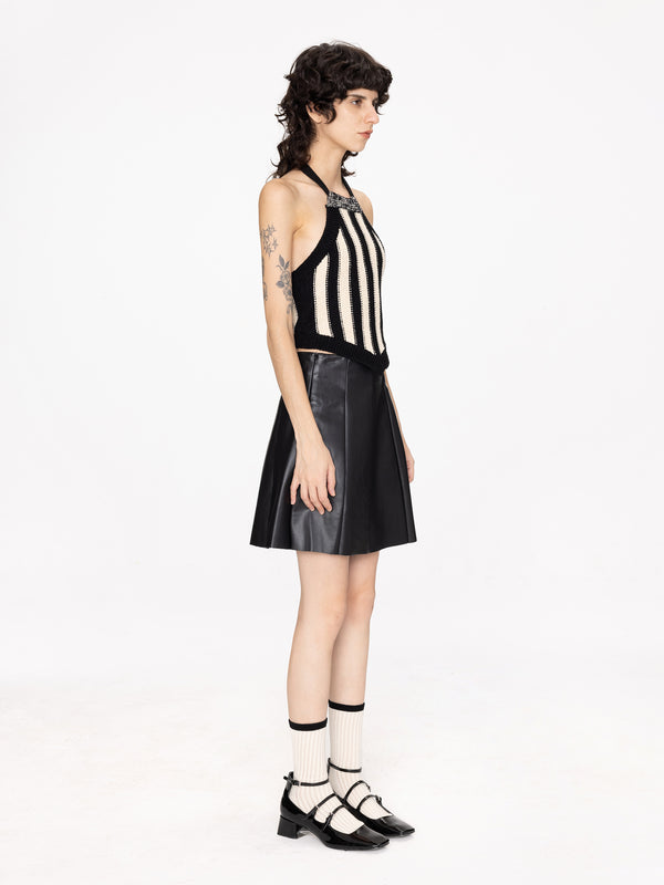 Cubic Pleated Faux Leather Skirt Silver