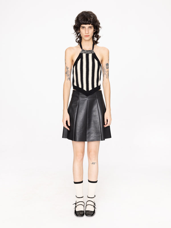 cubic Pleated Faux Leather Skirt Silver
