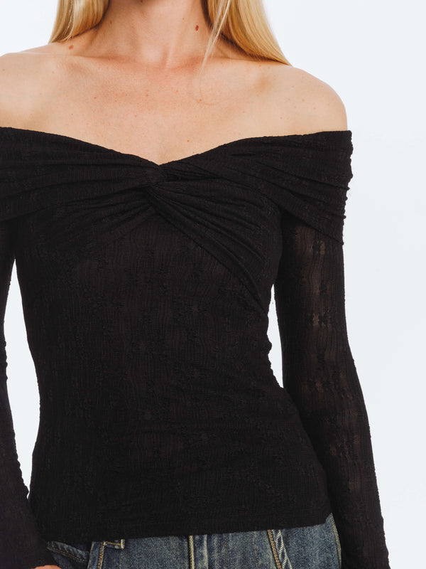 Cubic Pleated Off Shoulder Long Sleeves Top Black